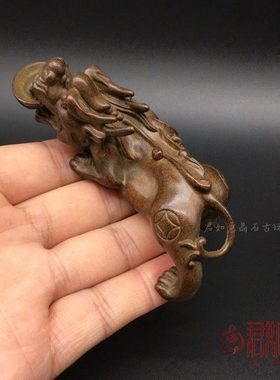 包浆黄铜貔貅小摆件 实心铜元宝小貔貅瑞兽铜把件走式貔貅茶宠