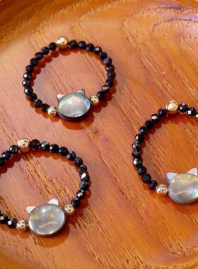 [超细]黑猫天然水晶戒指女日系黑尖晶能量石个性小众可爱尾戒