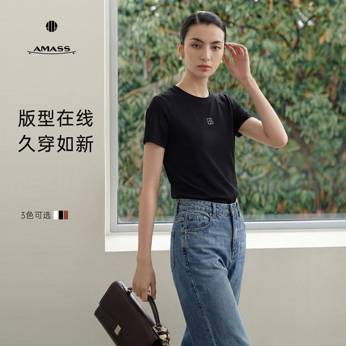 阿玛施AMASS夏新款纯色正肩显瘦轻奢上衣短袖正肩t恤女530225 - 图3