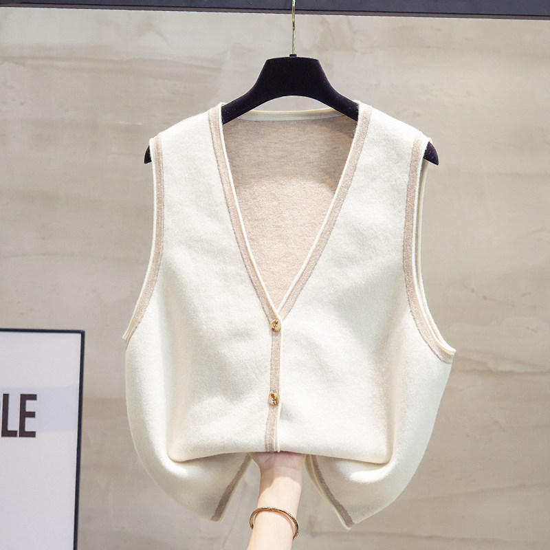 拼色v领针织开衫马甲背心女2022秋装新款宽松马夹外穿毛衣坎肩潮 - 图1