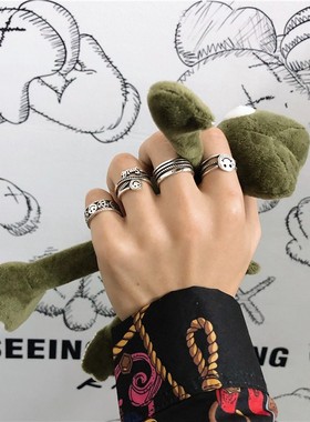 日韩创意笑脸戒指男女多层镀925银开口指环简约百搭情侣戒子礼物