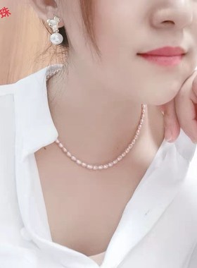 天然小珍珠项链女米粒淡水儿童公主5-6mm百搭紫色细锁骨链条首饰