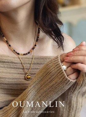 天然石串珠双层项链百搭美拉德女锁骨链虎眼石叠戴高级感毛衣链