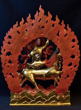 吉祥天母护法尼泊尔手工紫铜鎏金护法摆件吉祥天女33厘米铜像