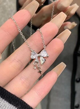 粉色锆石蝴蝶结项链小众气质感