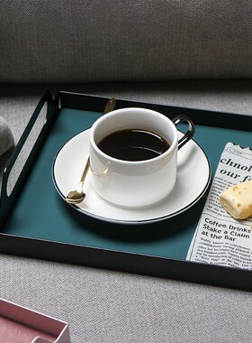 北欧风创意铁艺托盘带把手轻奢收纳盘墨绿水杯托盘甜点咖啡餐盘