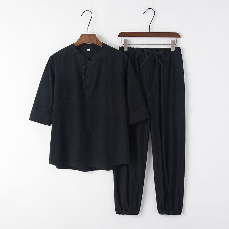 中国风五分袖棉麻套装男短袖t恤V领半袖中式复古唐装宽松束脚裤,淘宝优惠券,粉丝福利购,淘宝优惠卷