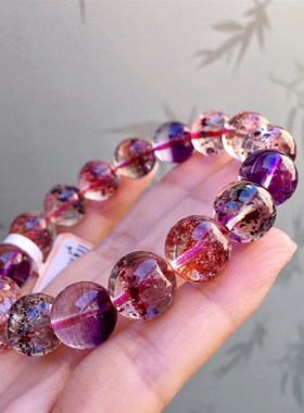 天然金草莓晶 紫发晶 超七手链女 彩发晶手串 三轮骨干 闺蜜送礼