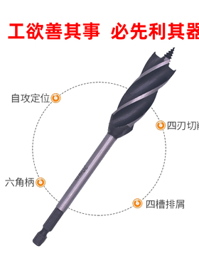 木工钻头四槽支罗麻花钻开孔器麻花钻打孔扩孔钻六角柄木工麻花钻