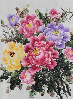 四尺斗方纯手绘牡丹富贵吉祥花鸟画新中式宣纸客厅书房装饰画挂画