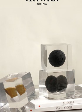 梵其/简约现代洞石m水晶立方树脂摆件 样板间茶几书房家居装饰品