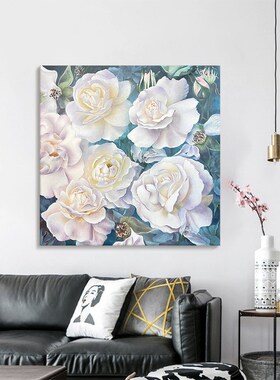 法式轻奢白色牡丹花卉客厅装饰画抽象植物纯手绘油画高级玄关挂画