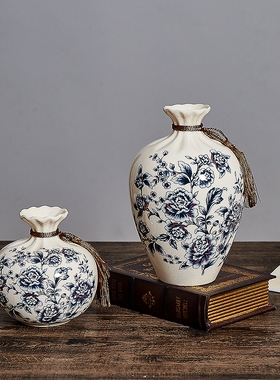 新中式陶瓷花瓶摆件青花瓷器套装饰品客厅书房电视酒柜博古架摆设