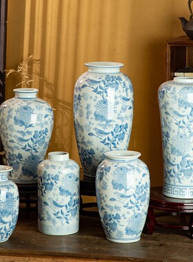 浅蓝色陶瓷花瓶插花手绘新中式家居客厅装饰博古架瓷器工艺品摆件
