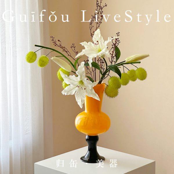 归缶新中式高脚花瓶中古风琉璃软装摆件鲜花百合水养玻璃花器,淘宝优惠券,粉丝福利购,淘宝优惠卷