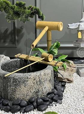日式庭院流水石钵槽枯山水景观惊鹿竹子滴水花园阳台水钵造景摆件