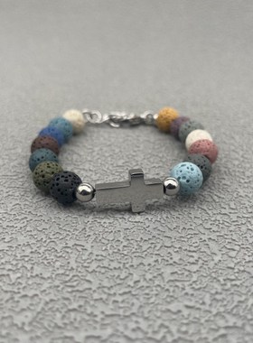 加格 彩色火山石圆珠手链十w字架拼接手工不锈钢配饰潮男嘻哈饰品