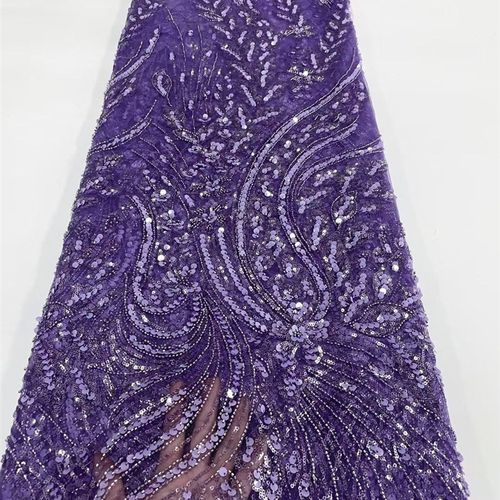 外贸亮片珠管密度款蕾丝布料满福重工蕾丝连衣裙旗袍婚纱服装面料 - 图1