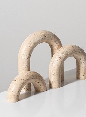 侘寂风黄洞石拱形摆件办公室装饰小众高级感客厅样板间软装工艺品