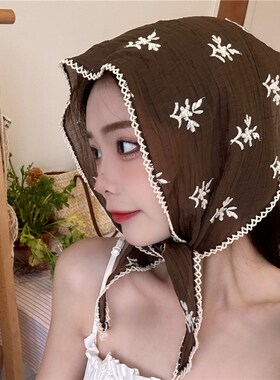 春夏季长条丝巾围巾女日系文艺风蕾丝三角巾法式洋气复古刺绣领巾
