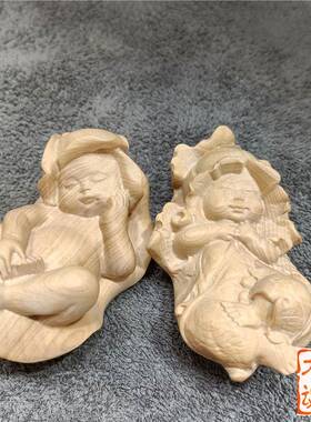 XYI小叶黄木雕荷叶童女童男杨士把件随身童手趣家居刻装饰品茶宠