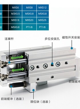 直线小型气缸SMC型带导轨精密滑台气缸MXS12-10*20A/30ASx40BS50B