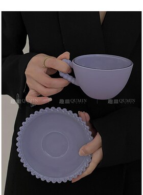Qumin 小众设计磨砂质感珍珠手柄玻璃咖啡杯碟复古轻奢下午茶餐具