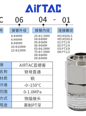亚德客气动BKC锁母直通接头0425-M5/0604-01/0805-02/1065-03/04