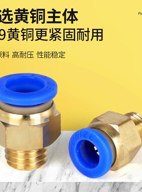 气管快速接头带螺纹直通公制PC4-M5/M8/M10/M12全铜快插气动接头
