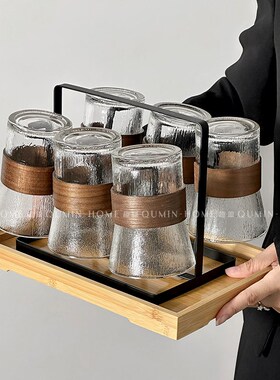Qumin 中式竹套扶疏杯岩纹束腰杯家用客厅防烫隔热套装果茶玻璃杯