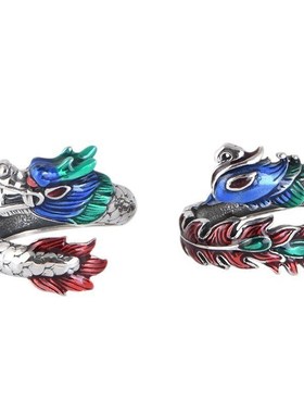 龙凤呈祥珐琅彩戒指男女款t925复古风国潮个性高级文艺开口食指环