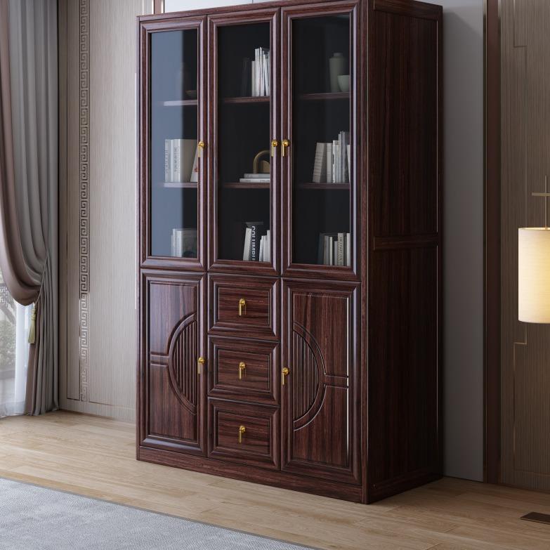 新中式乌金木全实木家用书柜组合落地简约书橱带书架玻璃门储物柜 - 图0