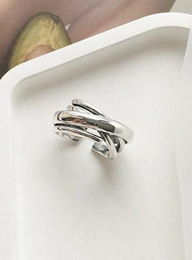 复古多层缠绕男士单身戒个性潮酷食指尾戒光面不规则线条开口戒指