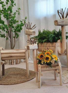 实木小鹿花器幼园环境布置装民道宿橱窗摆件花园庭院饰儿F875596T