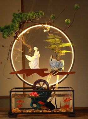 中式招财流水鱼缸喷泉创意摆件办公室客厅玄关灯圈倒流Z香开业礼