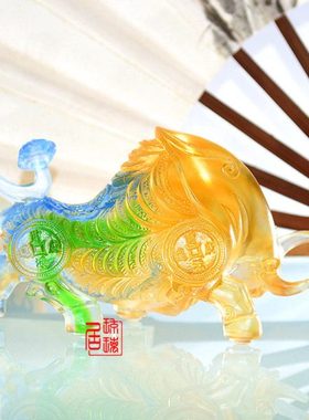 招财牛古法琉璃勇往直钱前客厅桌面摆件家居酒柜电视柜水晶工艺品