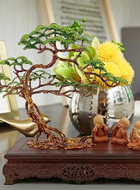 新中式鸡翅木底座玄关装饰品金属珐琅彩迎客松创意玉兔檀香炉摆件