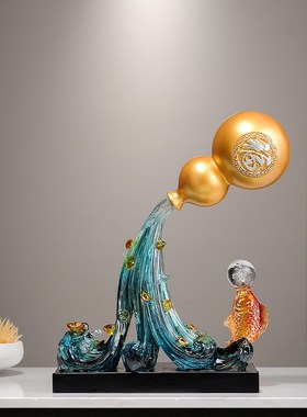 风生水起锦鲤葫芦招财摆件客厅玄关酒G柜背景柜装饰品乔迁开业礼