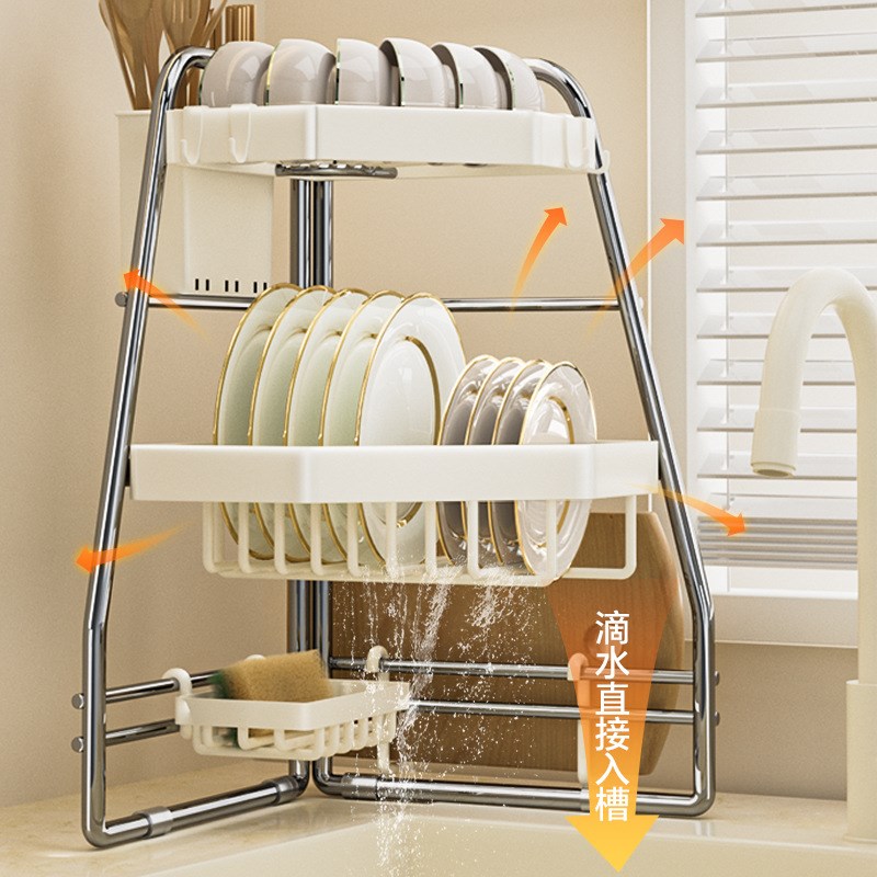 厨房水槽置物架多功能碗盘沥水架洗碗池台面水池上方放碗碟收纳架 - 图0