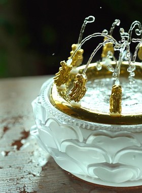 琉璃五路水供黄黑红绿白财神佛像招财循环流水摆件聚宝九龙浴佛盆