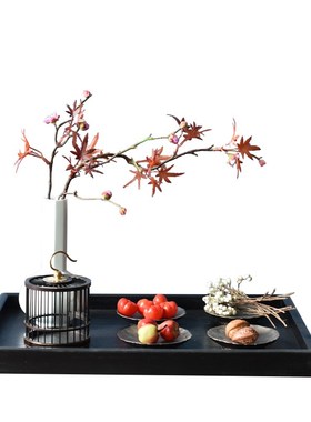 黑色托盘新中式木茶盘样板间客厅茶室茶几花瓶花艺U组合摆件装饰