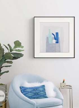 苍蓝 现代简约蓝色抽象装饰画原木小清新餐厅挂画猫咪鱼卡通壁画
