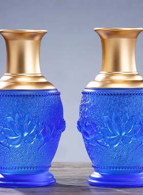 国风雕花供具套装佛前琉璃莲花圣水杯供佛青花瓷蓝色香炉观音花瓶