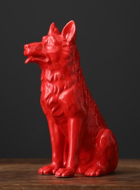 红色陶瓷狗摆件客厅招财旺财十二生肖瓷器狗雕塑家居工艺品摆设