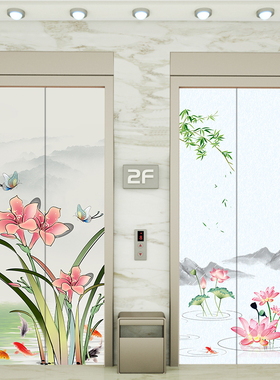 中式电梯门贴纸门贴装饰画贴画入户电梯门翻新防水贴纸定制玄关画