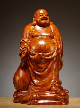 花梨实木雕刻大号布袋大肚弥勒笑A佛像摆件家居客厅装饰红木工艺
