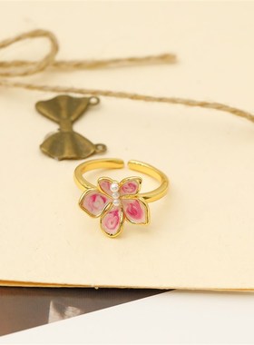 青花粉珐琅滴釉戒指女中古高级感可调H节对戒女款时尚开口戒子指