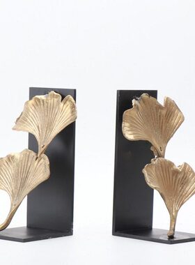 现代新中式创意铁艺铜杏叶摆件酒店会所书房办公室书挡软装饰品