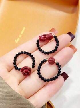 新款网红朱砂弹力戒指高含量原矿紫金砂指环貔貅石榴石弹力女手饰