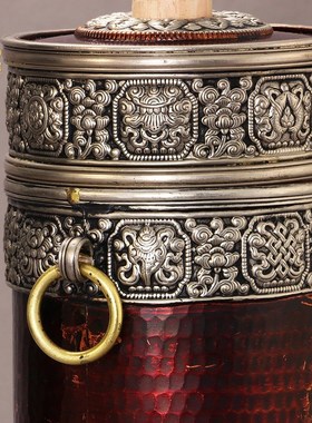 红铜酥油茶打茶h桶组合实木擂茶棒尼泊尔款手工藏式民族糌粑盒摆